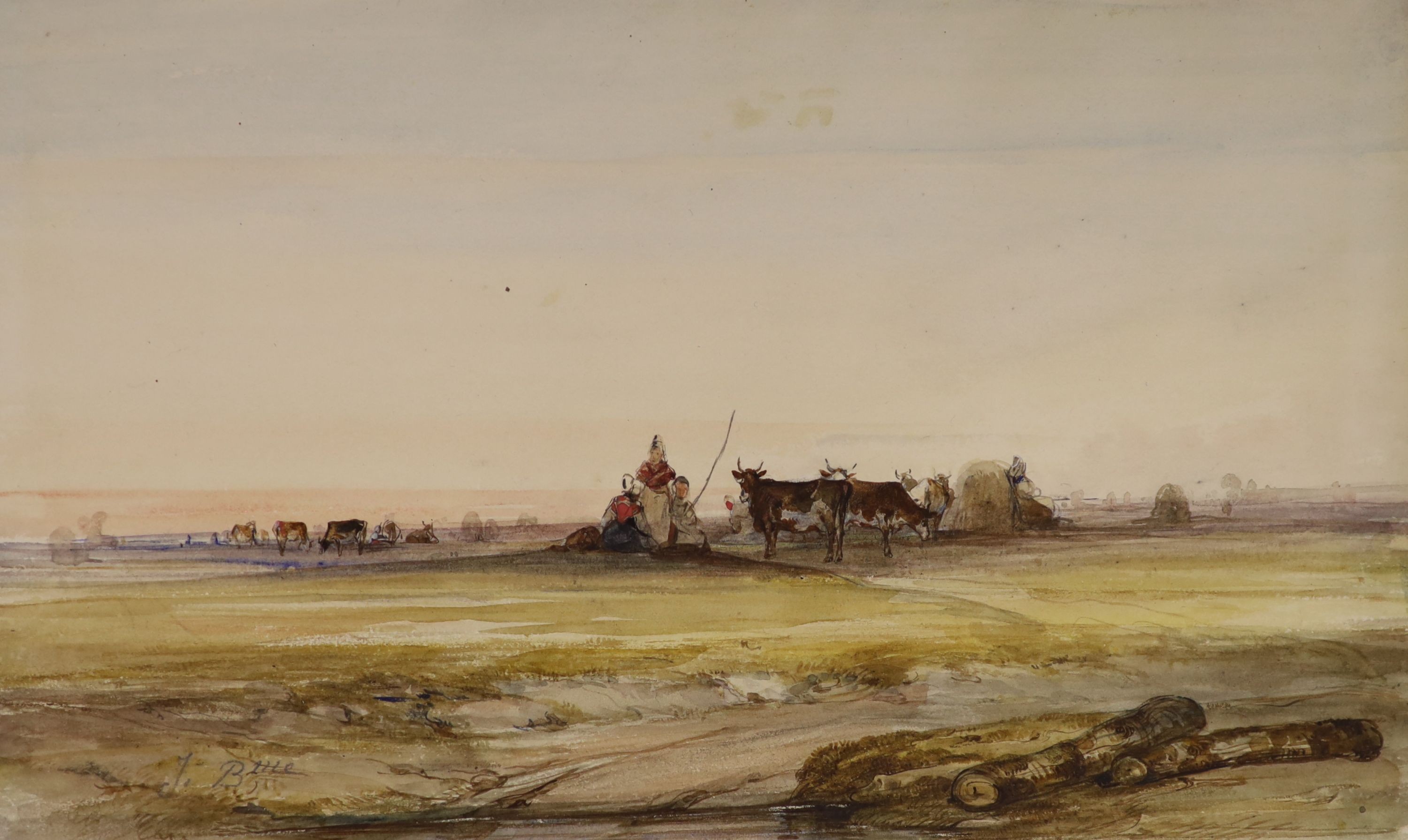 Jean Bapteme (French, 19thC), watercolour, Cattle herders in a landscape, 18 x 30cm, unframed